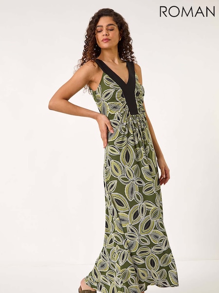 Roman Green Leaf Print Contrast Band Maxi Dress (F68361) | £55