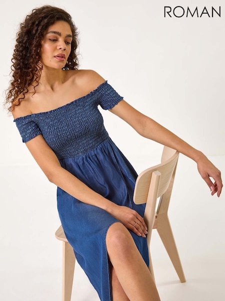 Roman Blue Denim Bardot Shirred Maxi Dress (F68364) | £45