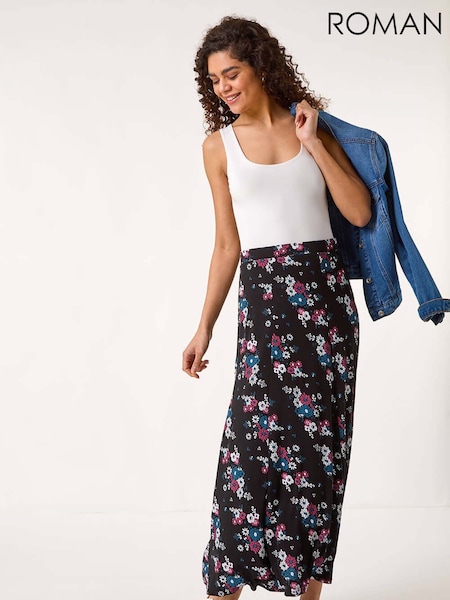 Roman Black Diagonal Ditsy Floral Print Skirt (F68366) | £32