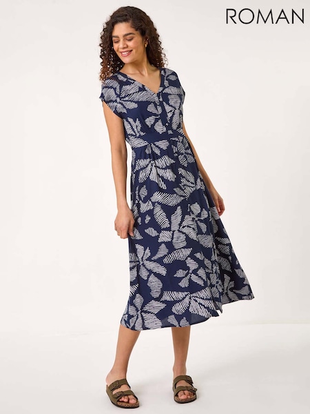 Roman Blue Leaf Print Shirred Midi Dress (F68370) | £48