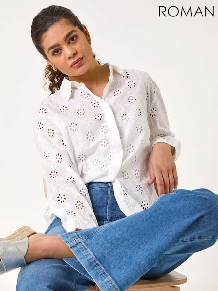 Roman White Floral Print Broderie Collar 100% Cotton Shirt (F68376) | £36