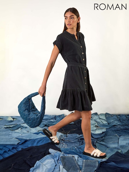 Roman Black Denim Tiered Shirt 100% Cotton Dress (F68390) | £48