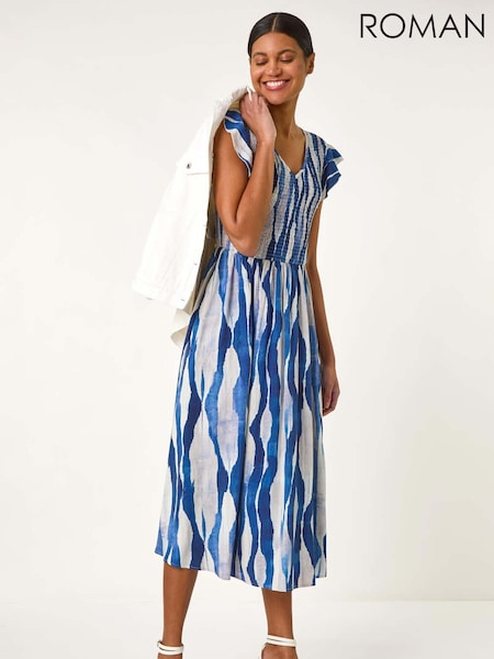 Roman Blue Wave Print Shirred Midi Dress (F68410) | £55