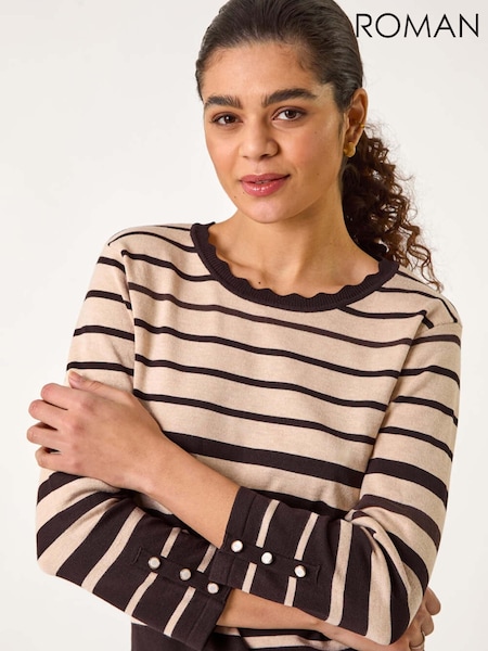 Roman Brown Stripe Scallop Neck Knit Jumper (F68417) | £36
