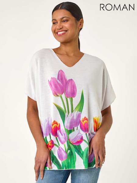 Roman White Tulip Motif V-Neck Stretch Top (F68427) | £32