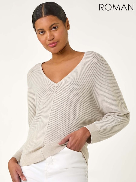 Roman Cream Textured Relaxed V-Neck Knit Jumper (F68436) | £42