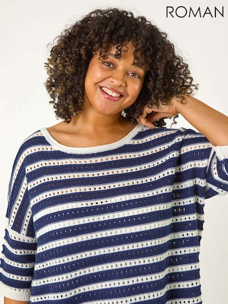 Roman Blue Curve Crochet Stripe Knit Top (F68449) | £42