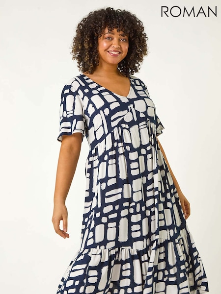 Roman Blue Curve Print Tiered V-Neck Dress (F68451) | £50