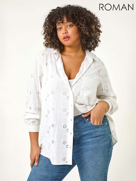 Roman White Curve Broderie Collared Shirt (F68457) | £45