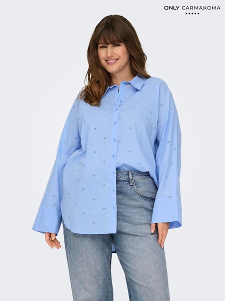 ONLY Curve Blue Embroidered 100% Organic Cotton Long Sleeve Loose Shirt (F68517) | £40