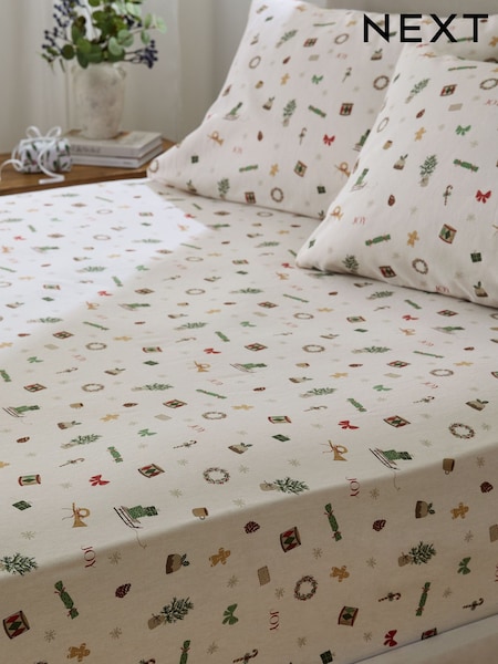 Natural Icons Christmas Brushed Fitted Sheet and Pillowcase Set (F68549) | £24 - £36