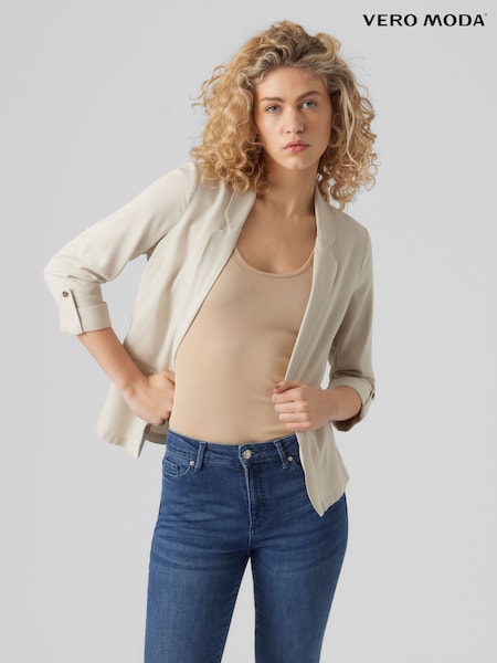 VERO MODA Beige Linen Blend 3/4 Sleeve Jacket (F68587) | £36