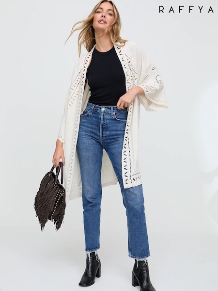 Raffya White Grey Edge To Edge Embroidered 100% Cotton Kimono (F68613) | £100