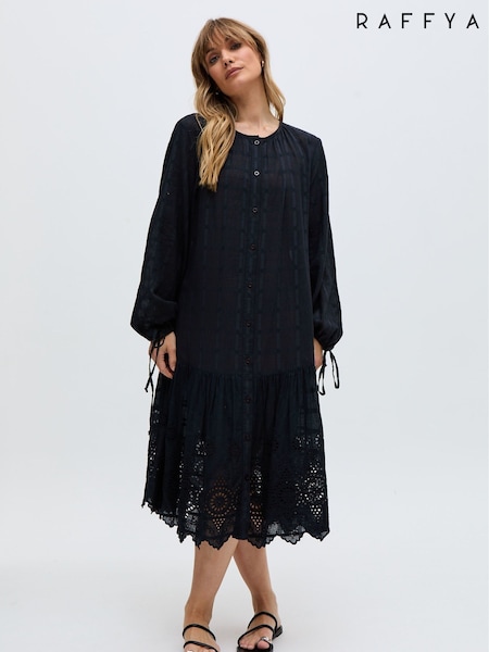 Raffya Black Olivia Button Down Embroidered Mini 100% Cotton Dress (F68624) | £105