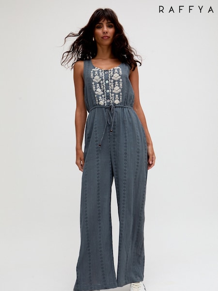 Raffya Grey Ana Sleeveless Embroidered 100% Cotton Jumpsuit (F68640) | £110