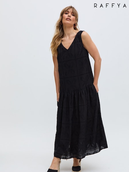 Raffya Black Squire 100% Cotton Embroidery Dress (F68641) | £155