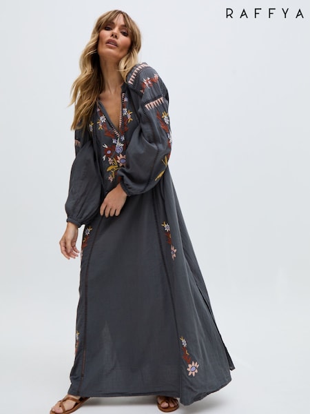 Raffya Grey Grey Edge To Edge Embroidered 100% Cotton Kimono (F68661) | £135
