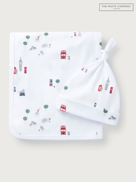 The White Company 100% Organic Cotton Sightseeing London White Blanket And Hat Set (F68709) | £22