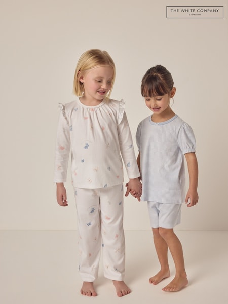 The White Company Slim Fit 100% Organic Cotton Butterfly And Stripe White Pyjamas Set Of 2 (F68727) | £32 - £36