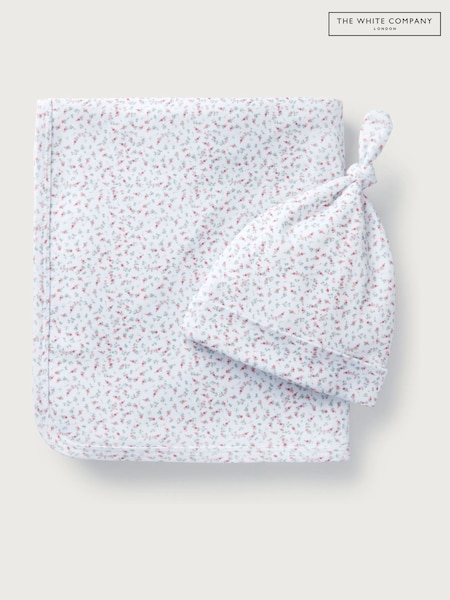 The White Company 100% Organic Cotton Spring Berries Reversible White Blanket And Hat Set (F68728) | £26