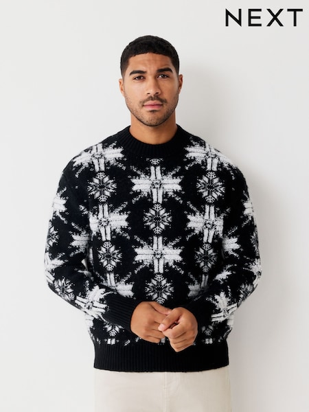 Black/White Regular Fit Snowflake Pattern Christmas Crew Neck Jumper with Wool (F68932) | £34