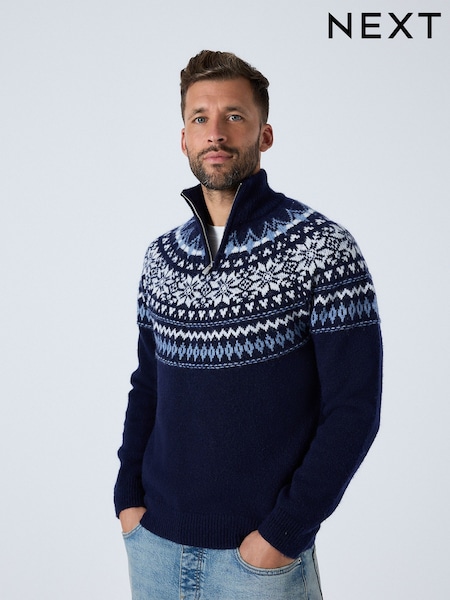 Navy Blue Regular Fit Fairisle Pattern Quarter Zip Neck Jumper with Wool (F68939) | £38