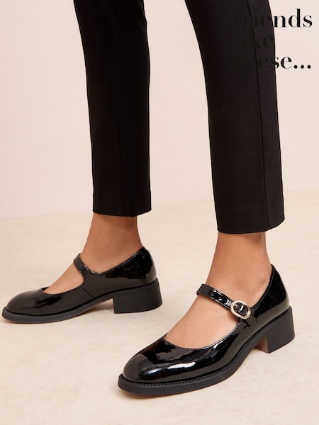 Friends Like These Black Low Block Heel Buckle Patent Faux Leather Maryjane Shoes (F69126) | £34