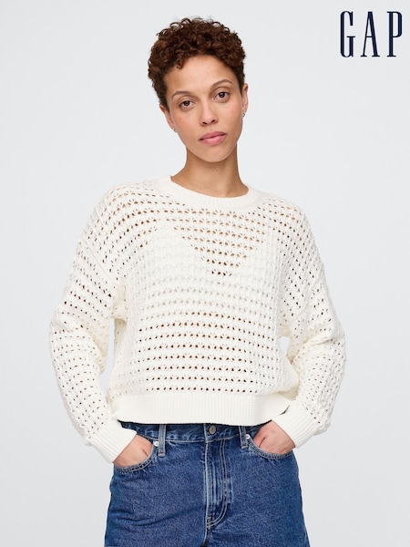 Gap White 100% Cotton Oversized Crochet Crew Neck Jumper (F69171) | £35