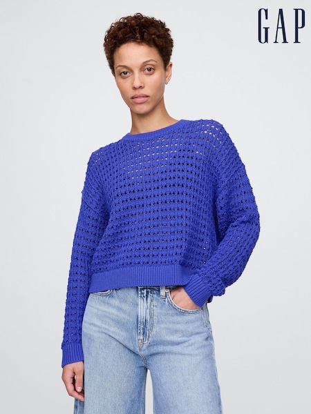 Gap Blue 100% Cotton Oversized Crochet Crew Neck Jumper (F69182) | £35