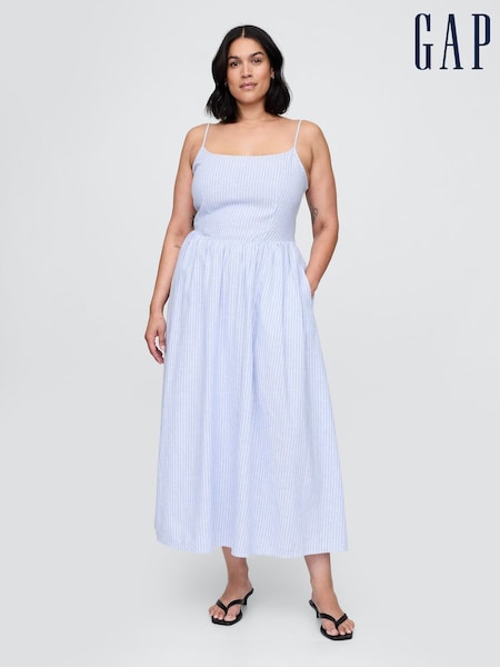 Gap Blue Pinstripe Linen-Blend Drop-Waist Maxi Summer Dress (F69196) | £105
