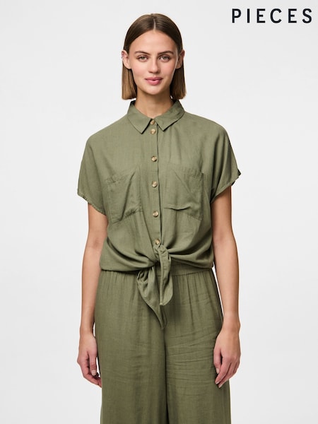 PIECES Green Tie Front Short Sleeve Shirt (F69302) | £30