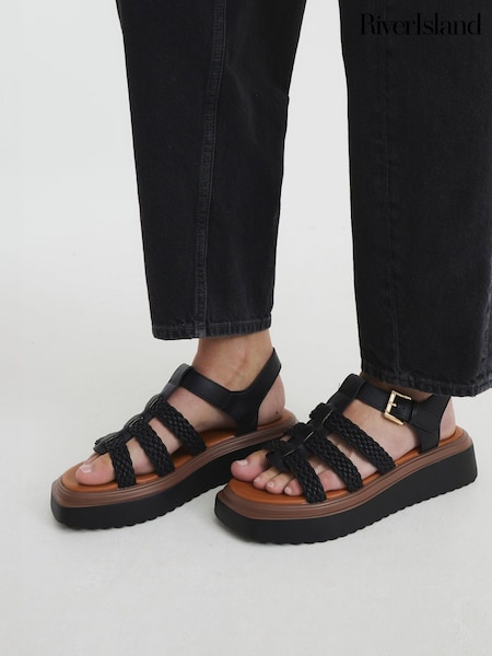 River Island Black Wide Fit Cross Strap Weave Detail Sandals (F69315) | £36