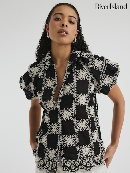 River Island Black Mono Crochet Shirt (F69342) | £46