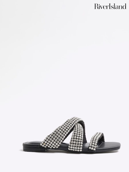 River Island Black Embellished Twist Flat Sandals (F69343) | £40