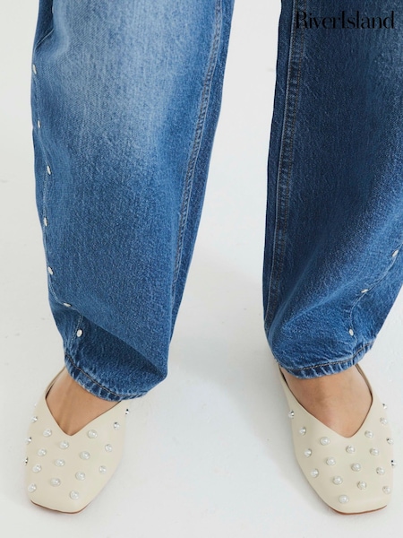 River Island Cream Asymetric Studded Mules (F69406) | £36