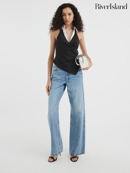 River Island Black Pinstripe Collar Top (F69426) | £30
