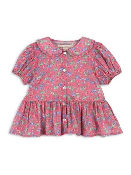 Konges Sløjd Pink 100% Organic Cotton Pacey Floral Print Short Sleeve Blouse (F69523) | £45