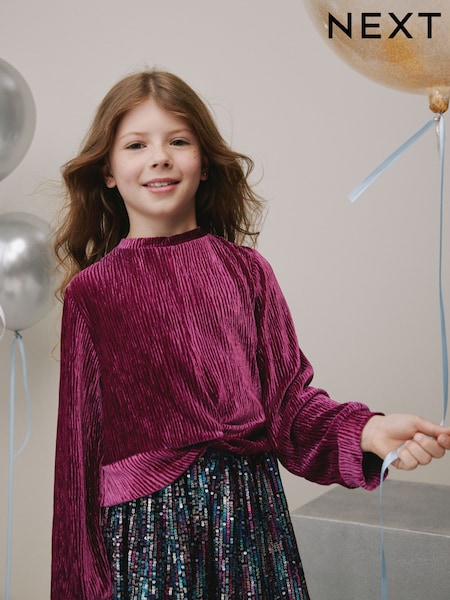Burgundy Red Textured Velour Wrap Front Top (3-16yrs) (F69621) | £10 - £15