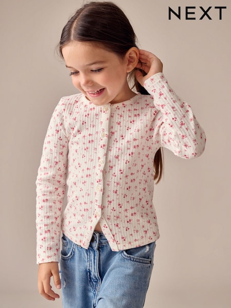 Ecru Floral Long Sleeve Ribbed Cardigan (3-16yrs) (F69624) | £10 - £15