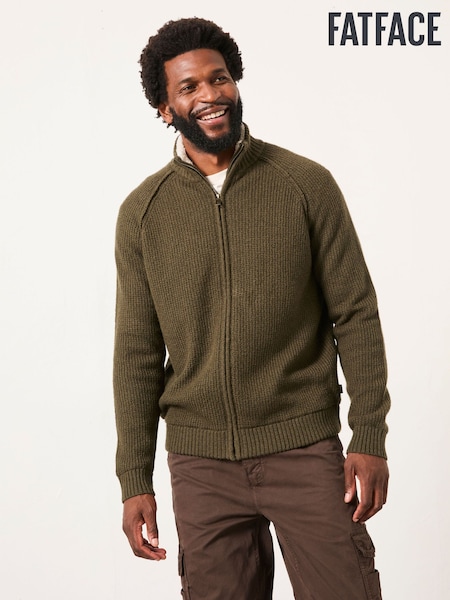 FatFace Harwick Khaki Green Lined Knitted Zip Through (F69662) | £79
