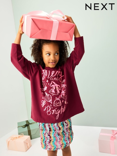 Burgundy Red Christmas Long Sleeve Sequin Top (3-16yrs) (F69677) | £11 - £16