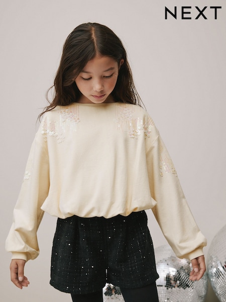 Cream Long Sleeve Sequin Bubble Hem Sweat Top (3-16yrs) (F69695) | £16 - £21