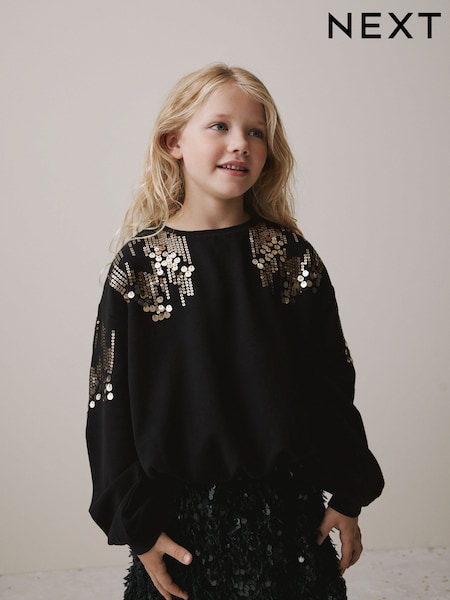 Black Long Sleeve Sequin Bubble Hem Sweat Top (3-16yrs) (F69696) | £16 - £21