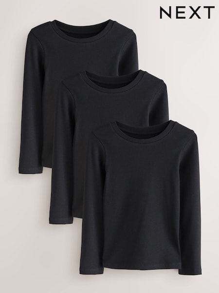 Black Long Sleeve Ribbed Tops 3 Pack (3-16yrs) (F69749) | £14 - £20