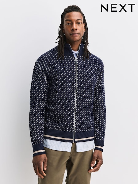 Navy Blue/Ecru White Relaxed Fit Geometric Pattern Zip Through Cardigan with Wool (F69803) | £42