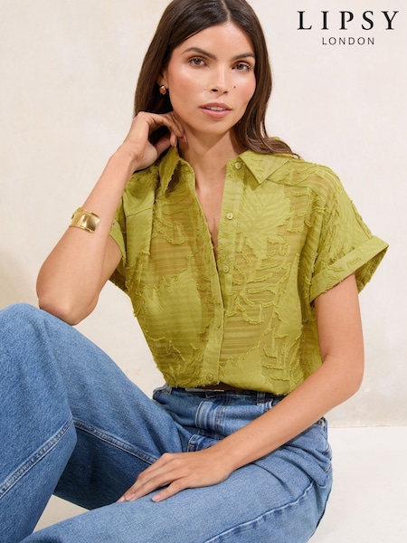 Lipsy Green Burnout Button Through Short Sleeve Shirt (F69824) | £36