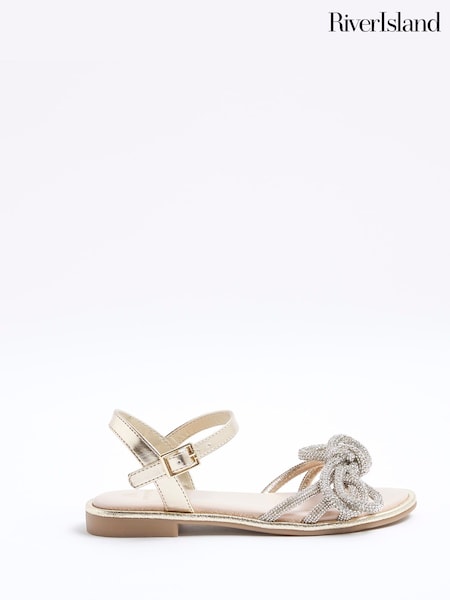 River Island Gold Girls Embelished Knot Flat Sandals (F69887) | £26