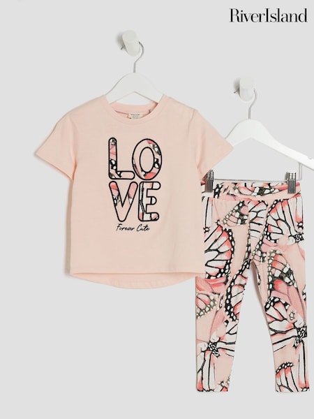 River Island Pink Girls Iconic Butterfly T-Shirt And Leggings Set (F70015) | £14