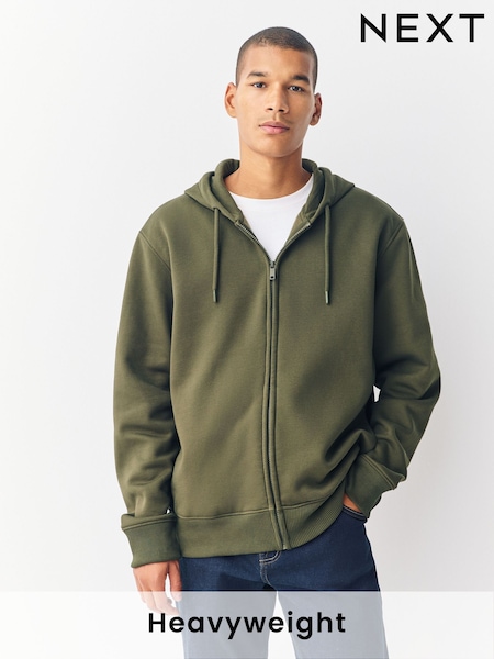 Khaki Green Cotton Rich Heavyweight Jersey Zip Up Hoodie (F70028) | £34