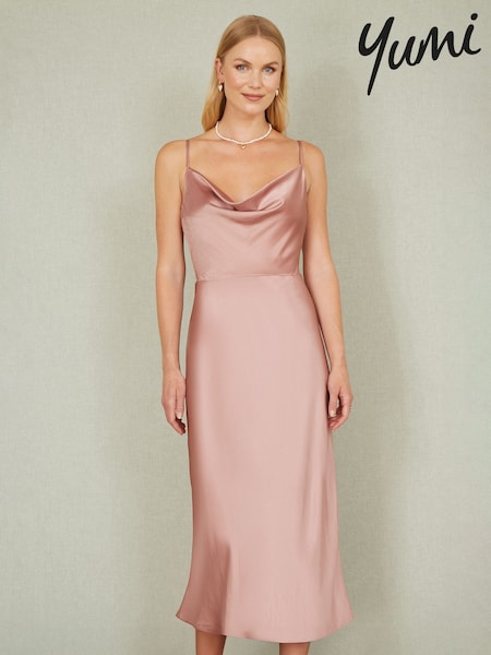 Yumi Pink Satin Cowl Neck Midi Dress (F70170) | £65